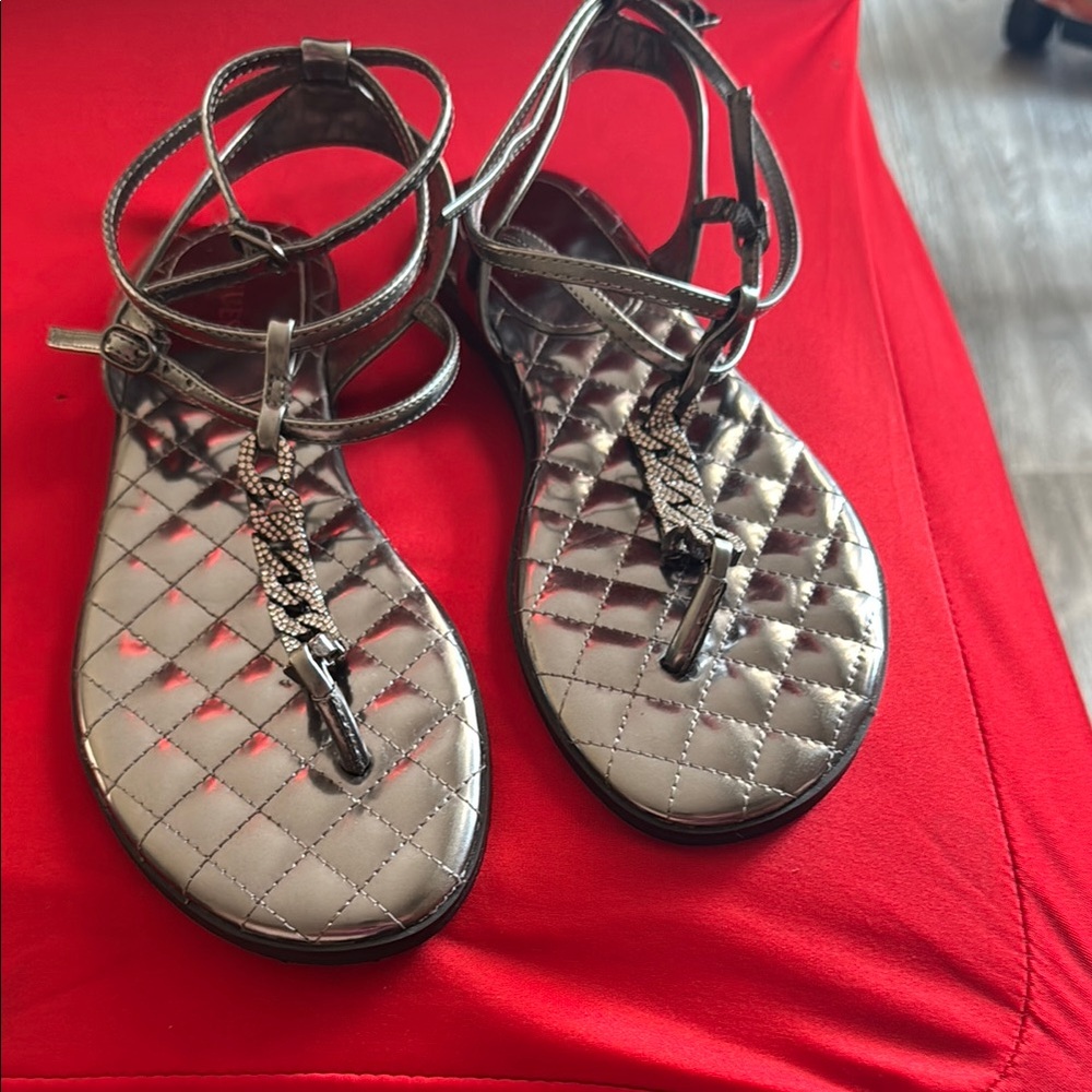 Guess Metallic Silver Quilted Sandals